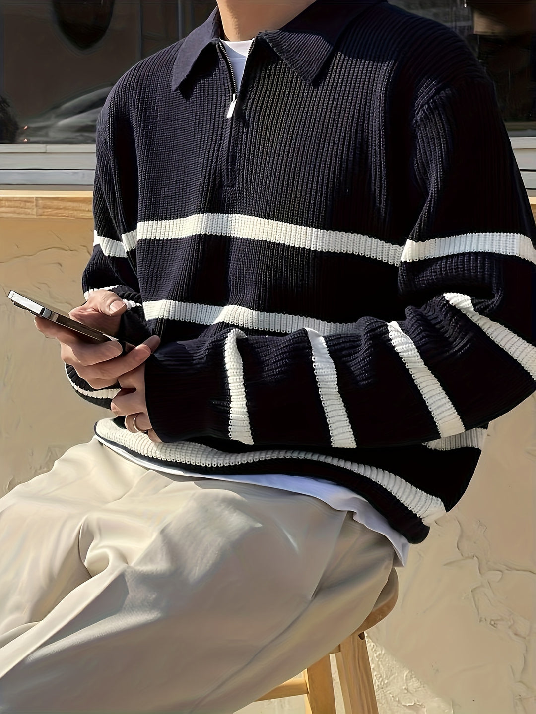 Armando - Half-zip BW Striped Sweater